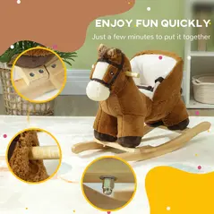 AIYAPLAY Kids Rocking Horse, Plush Ride on Horse, with Sound, Wood Base, for Ages 18-36 Months, Brown - 7