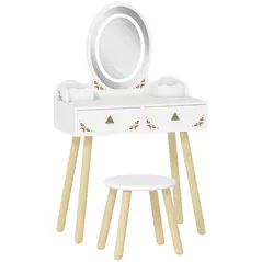 AIYAPLAY Kids Vanity Table and Chair Set with 3-Colour LED Lights Mirror, Drawer, Storage Boxes, for 3+ Years, White - 1