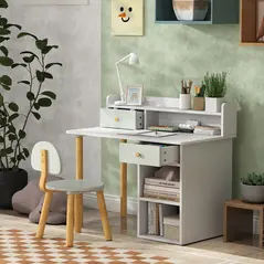 AIYAPLAY Two-Piece Children Study Table with Hutch, Kids Desk and Chair Set with Storage, Drawer, Shelves, Green - 9