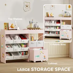 AIYAPLAY Kids Toy Storage Unit with 11 Bins, Cabinet, Top Shelves, 3 Stickers, for Nursery, Playroom, Pink - 4