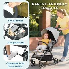 AIYAPLAY Travel Stroller, Lightweight Pushchair, Compact Buggy with Canopy, Basket and Multi-Position Recline, Light Grey - 6