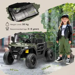 AIYAPLAY Kids Ride on Car, 12V Electric Kids UTV with Electric Dump Bed, 4-Wheel Suspension for 3-8 Years, Green - 3