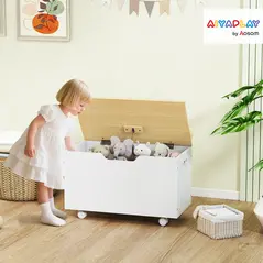 AIYAPLAY Toy Box with Lid, Toy Chest with Wheels and Safety Hinges, Toddler Storage Organiser for Playroom, Bedroom, White - 2