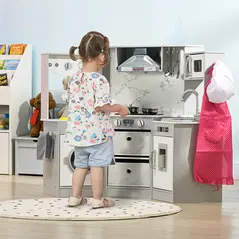 AIYAPLAY Toy Kitchen with Running Water, Lights, Sounds, Apron and Chef Hat, Water Dispenser, for Ages 3-6 Years, Grey - 2