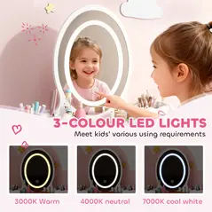 AIYAPLAY Kids Vanity Table and Chair Set with 3-Colour LED Lights Mirror, Drawer, Storage Boxes, for 3+ Years, White - 4