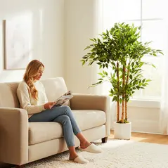 HOMCOM 120cm Artificial Ficus Tree, Fake Potted Tree with Solid Wood Trunk and Pot for Indoor, Green - 9