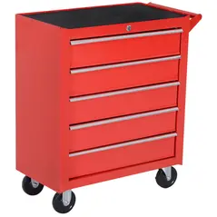 DURHAND 5-Drawer Lockable Tool Storage Cabinet with Wheels, Handle, 2 Keys, Steel Home Work DIY Workshop Chest, Garage Equipment Trolley, Red - 1