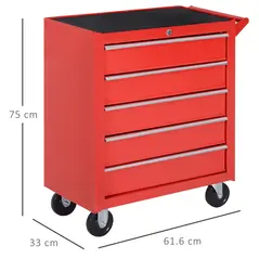 DURHAND 5-Drawer Lockable Tool Storage Cabinet with Wheels, Handle, 2 Keys, Steel Home Work DIY Workshop Chest, Garage Equipment Trolley, Red - 3