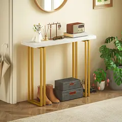 HOMCOM 100 cm Console Table with Faux Marble Top, Narrow Entryway Table with Anti-tipping Device, White - 8