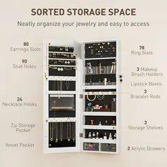 HOMCOM 108 x 37cm Lockable Jewellery Cabinet, with LED Lights - White Surface and Black Lining - 6