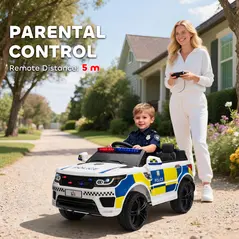 HOMCOM 12V Electric Car for Kids, Ride on Police Car with 2 Motors, Remote Control, Siren Flashing Lights, Suspension, USB, Auxiliary Wheels, Pull handle, for 3-6 Years, White - 8