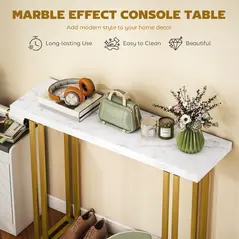 HOMCOM 100 cm Console Table with Faux Marble Top, Narrow Entryway Table with Anti-tipping Device, White - 4