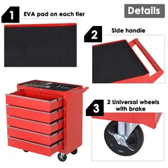 DURHAND 5-Drawer Lockable Tool Storage Cabinet with Wheels, Handle, 2 Keys, Steel Home Work DIY Workshop Chest, Garage Equipment Trolley, Red - 5