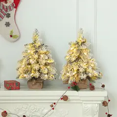 HOMCOM 1.5ft Mini Artificial Christmas Trees with Lights Set of 2, Snow Flocked Tabletop Christmas Trees with Base, Battery Operated, Desktop Party Decoration - 2