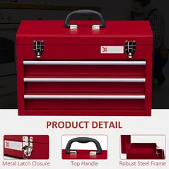 DURHAND Lockable Metal Tool Box, 3 Drawer Tool Chest with Latches, Handle, Ball Bearing Runners, Red - 4
