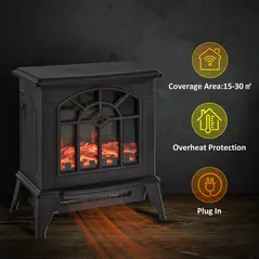 HOMCOM 1000W/2000W Freestanding Electrical Fireplace Indoor Heater Stove Log Wood LED Burning Effect Flame with Thermostat Control Black - 4