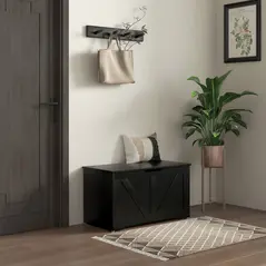 HOMCOM 100L Home Storage Box, with Safety Hinges - Black Wood-Effect - 2