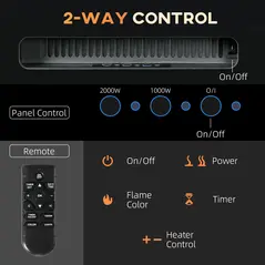 HOMCOM 127cm/50" Electric Fireplace, 2000W Recessed and Wall Mounted Electric Fire with Remote Control, 9 Flame Colour and Crystal, Black - 5