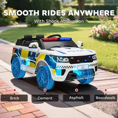 HOMCOM 12V Electric Car for Kids, Ride on Police Car with 2 Motors, Remote Control, Siren Flashing Lights, Suspension, USB, Auxiliary Wheels, Pull handle, for 3-6 Years, White - 9