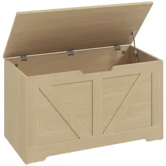 HOMCOM 100L Home Storage Box, with Safety Hinges - Natural Wood Finish - 1