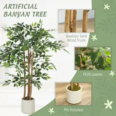 HOMCOM 120cm Artificial Ficus Tree, Fake Potted Tree with Solid Wood Trunk and Pot for Indoor, Green - 4