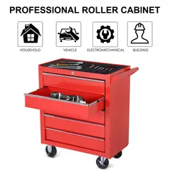 DURHAND 5-Drawer Lockable Tool Storage Cabinet with Wheels, Handle, 2 Keys, Steel Home Work DIY Workshop Chest, Garage Equipment Trolley, Red - 6