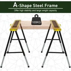 DURHAND 2PCS Saw Horse Twin Pack Folding Workbench Adjustable Metal Trestle Stands with Non-slip EVA Surface for Sawing Work Max Load 100kg - 9