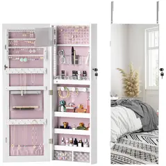 HOMCOM 108 x 37cm Lockable Jewellery Cabinet, with LED Lights - White Surface and Pink Lining - 1