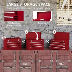 DURHAND Lockable Metal Tool Box, 3 Drawer Tool Chest with Latches, Handle, Ball Bearing Runners, Red - 5