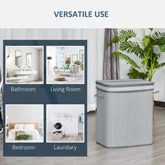 HOMCOM 100L Natural Wood Laundry Basket A Compartment w/Flip Lid Removable Lining Handles Board Base Foldable Durable Water-Resistant Dirty Clothes Storage Home Organisation Grey - 6