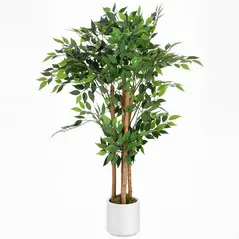 HOMCOM 120cm Artificial Ficus Tree, Fake Potted Tree with Solid Wood Trunk and Pot for Indoor, Green - 1
