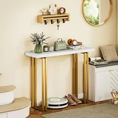 HOMCOM 100 cm Console Table with Faux Marble Top, Narrow Entryway Table with Anti-tipping Device, White - 2