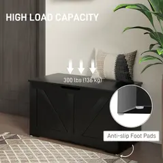 HOMCOM 100L Home Storage Box, with Safety Hinges - Black Wood-Effect - 6