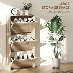 HOMCOM 12-Shoe Flip Drawer Storage Cabinet - Brown Wood-Effect - 4