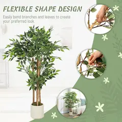 HOMCOM 120cm Artificial Ficus Tree, Fake Potted Tree with Solid Wood Trunk and Pot for Indoor, Green - 6