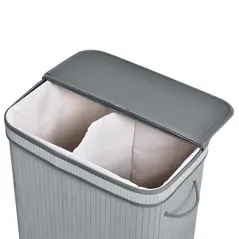 HOMCOM 100L Natural Wood Laundry Basket A Compartment w/Flip Lid Removable Lining Handles Board Base Foldable Durable Water-Resistant Dirty Clothes Storage Home Organisation Grey - 9