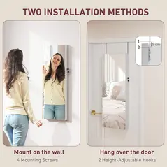 HOMCOM 108 x 37cm Lockable Jewellery Cabinet, with LED Lights - White Surface and Pink Lining - 7