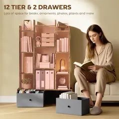 HOMCOM 12 Shelf Storage Unit, with Drawers - Brown - 4