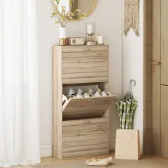 HOMCOM 12-Shoe Flip Drawer Storage Cabinet - Brown Wood-Effect - 2