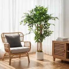 HOMCOM 120cm Artificial Ficus Tree, Fake Potted Tree with Solid Wood Trunk and Pot for Indoor, Green - 2