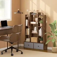 HOMCOM 12 Shelf Storage Unit, with Drawers - Brown - 2