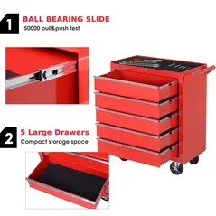 DURHAND 5-Drawer Lockable Tool Storage Cabinet with Wheels, Handle, 2 Keys, Steel Home Work DIY Workshop Chest, Garage Equipment Trolley, Red - 4
