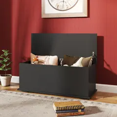 HOMCOM 113L Storage Chest, Storage Box with Flip-Top Lid and 2 Safety Hinges, Storage Trunk for Living Room, Entryway, 100 x 40 x 40 cm, Black - 2