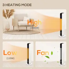 HOMCOM 1100W/2200W Space Heater with 65° Oscillation, Electric Heater with 2 Heat and Fan, 8-Hour Timer, Overheat & Tip Over Protection for Bedroom, 29 inch - 9