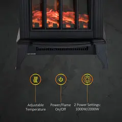 HOMCOM 1000W/2000W Freestanding Electrical Fireplace Indoor Heater Stove Log Wood LED Burning Effect Flame with Thermostat Control Black - 5