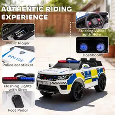 HOMCOM 12V Electric Car for Kids, Ride on Police Car with 2 Motors, Remote Control, Siren Flashing Lights, Suspension, USB, Auxiliary Wheels, Pull handle, for 3-6 Years, White - 4