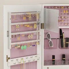 HOMCOM 108 x 37cm Lockable Jewellery Cabinet, with LED Lights - White Surface and Pink Lining - 9