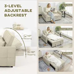 HOMCOM 2 Seater Sofa Bed, 3-in-1 Convertible Sleeper Sofa with Click-clack Adjustable Backrest and 2 Pillows, Light Brown - 5