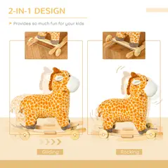 HOMCOM 2 In 1 Kids Todder Rocking Horse Plush Ride On Giraffe Rocker with Wheels Wooden Base Animal Sounds for 3-6 Years - 5
