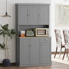 HOMCOM 180cm Freestanding Kitchen Cabinet, Modern Storage Cupboard with Open Countertop, Drawer and 6 Doors, Grey - 2